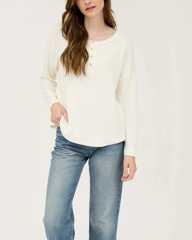 Kayla Waffle Knit Henley Top- Cream