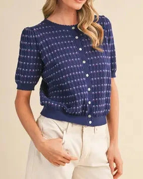 Birdie Pointelle Puff Sleeve Top- Navy Plum