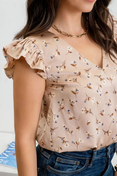 Embry Floral Print Satin Top- Khaki