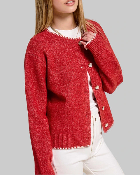Blanket Stitch Cardigan- Candy Cane Red