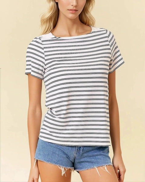 Tate Soft Stripe Boat Neck Top- Black Stripe