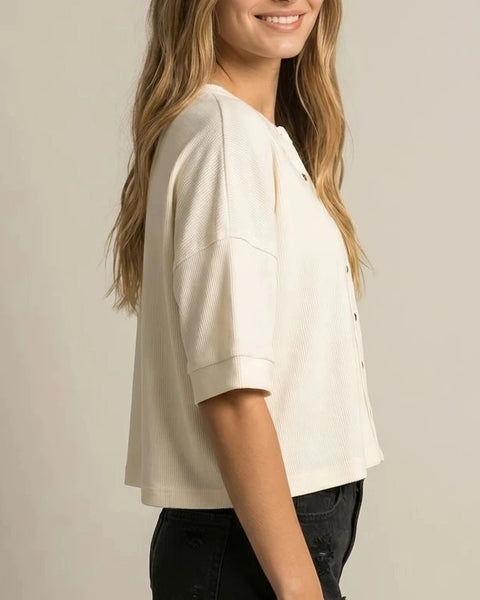 Brooke Button Front Boxy Knit Top- Ivory