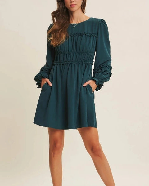 Leona Shirred Mini Dress- Deep Green