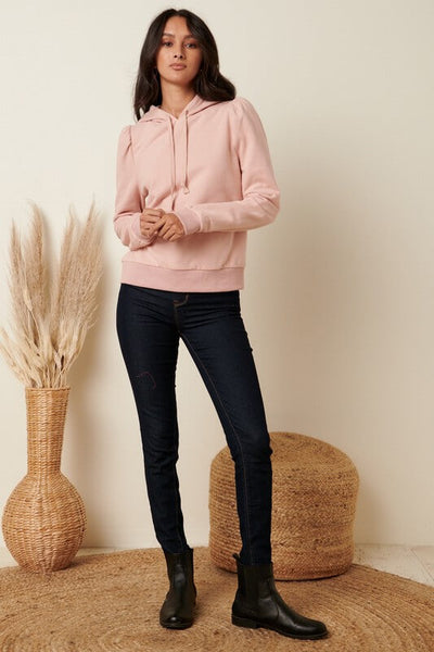 Leah Puff Sleeve Hoodie Sweatshirt- Blush