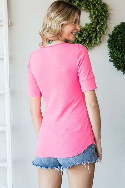 Zoey Thermal Knit Henley- Neon Pink