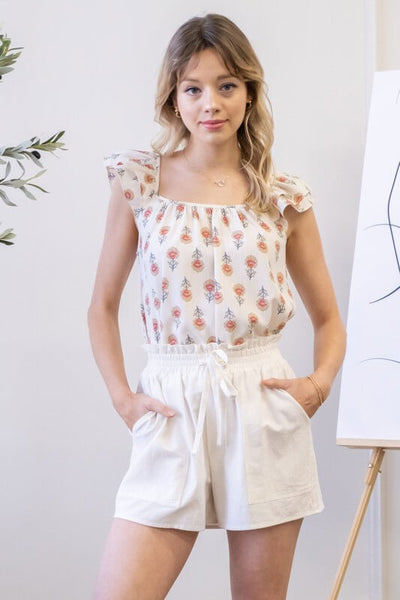 Colette Floral Flutter Sleeve Top- Cream
