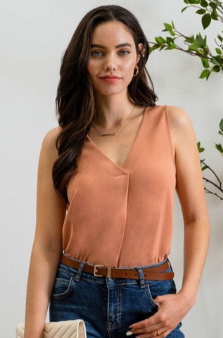 Kaitlyn Sleeveless V-Neck Top- Light Sienna